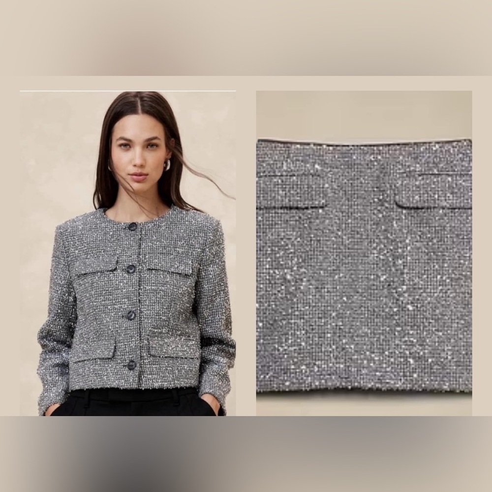 NWT Banana Republic XL Tinsel Tweed Silver Blazer and size 16 mini skirt